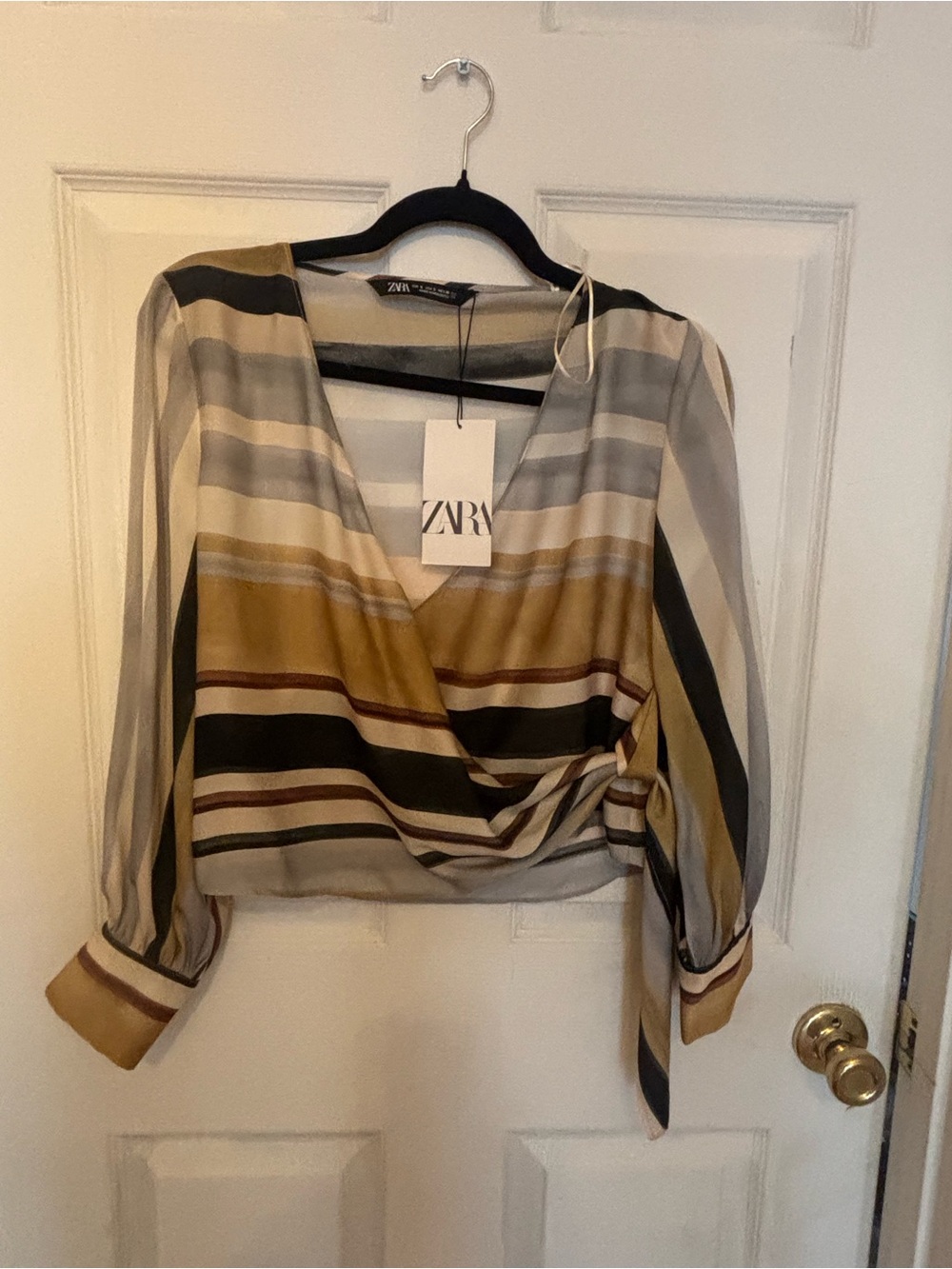 Zara Striped Wrap Blouse in Mustard, Olive and Cream